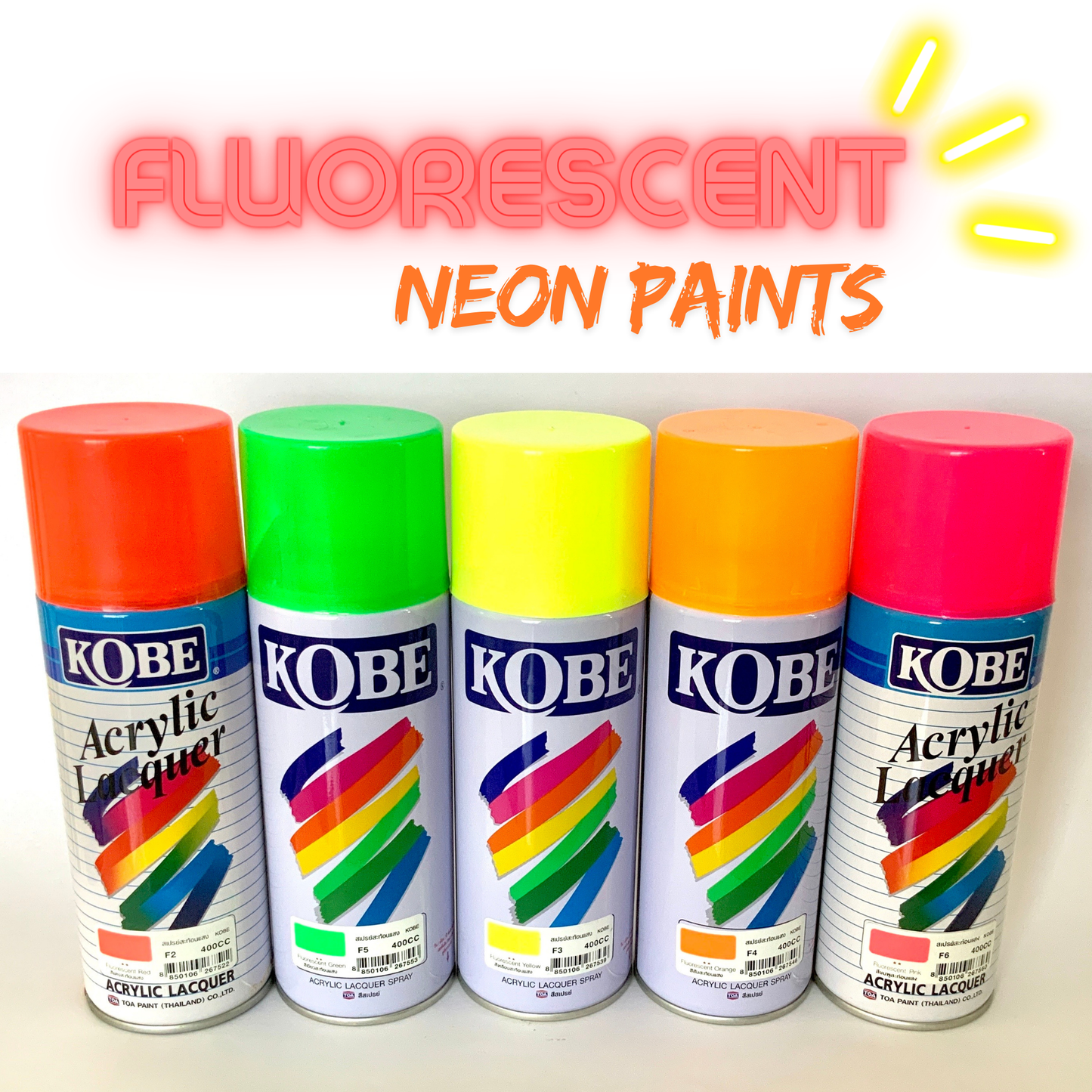 Kobe Spray Paints, Fluorescent Colors, Neon Glow, 400ml premium grade aerosol spray, All purpose paint